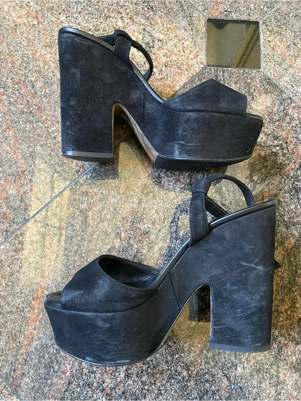 L Silla Black Suede Platform Block Heel Sandals, Size 8